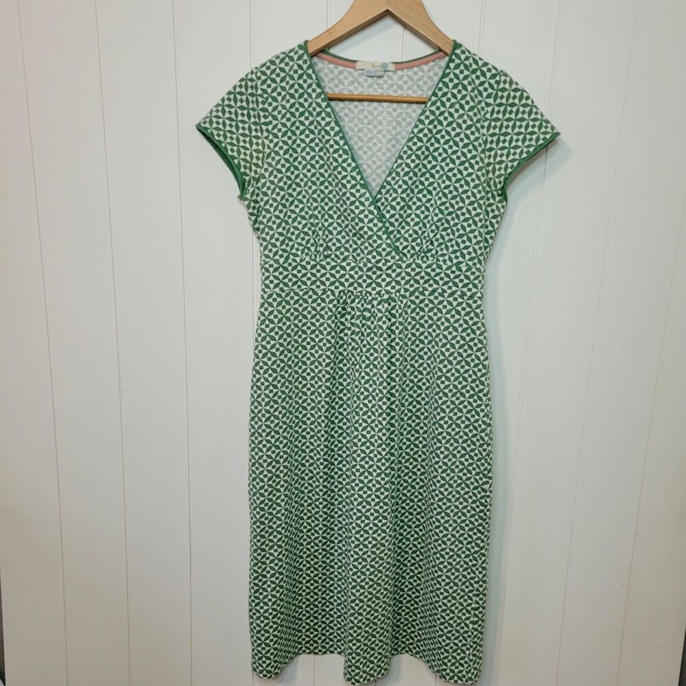 Boden Day Dress WH980 Womens Size 4R Green White Jersey Knit Stretch Summer